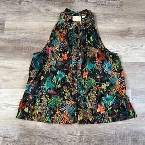 Maeve Anthro Floral Button Front Tank Black Multicolor Boho Sleeveless Top Large